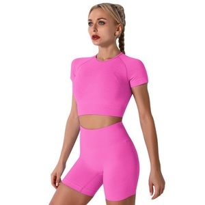 Seamless 2-Piece Athletic Yoga Workout Set Size Medium Heather Hot Pink